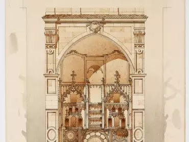 Návrh úpravy olomouckého orloje vypracovaný vídeňským architektem Robertem Dammerem 15. prosince 1897. Státní archiv v Olomouci, Archiv města Olomouce, fond M-8-26, Sbírka map a plánů Olomouc, neinventarizováno, sign. XII/3. Na desce ve spodní části orloje jsou citovány verše z I. dílu veršované tragédie Johanna Wolfganga von Goethe (1749–1832) Faust (1808): „Was du ererbt von deinen Vätern hast,/ erwirb es, um es zu besitzen. (Co dědictvím po otcích máš,/ to získej, by k prospěchu ti bylo.)“ Níže je uvedeno: „Dem Bürgermeister Josef von Engel, sowie den gemeinsamen Bemühungen des Kunstuhrvereines und der Stadtgemeinde ist es zu verdanken, daß dieses Werk im Jahre 1897 wieder hergestellt wurde. (Starostovi Josefu von Engel, jakož i společnému usilování Orlojního spolku je třeba poděkovat, že toto dílo bylo v roce 1897 znovu zřízeno.)“ Jak Goethovy verše, tak toto sdělení byly umístěny na renovovaném orloji se změnou data dokončení renovace na rok 1898.